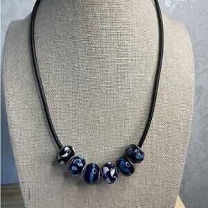 Glass Bead Necklace With Black Cord & Silver Clasp